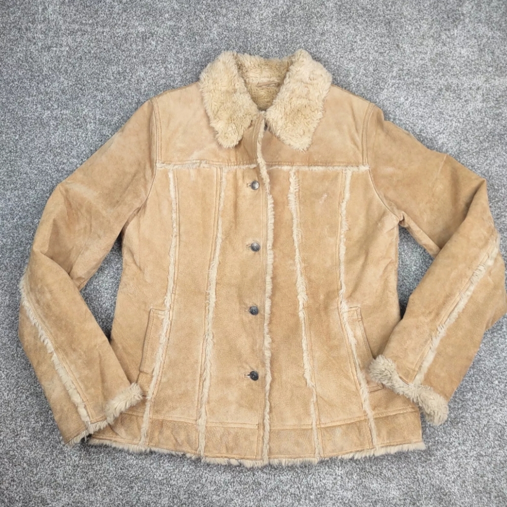 Vtg Wilsons Leather Jacket Women Tan Sherpa Lined Shearling Suede Hippie Maxima